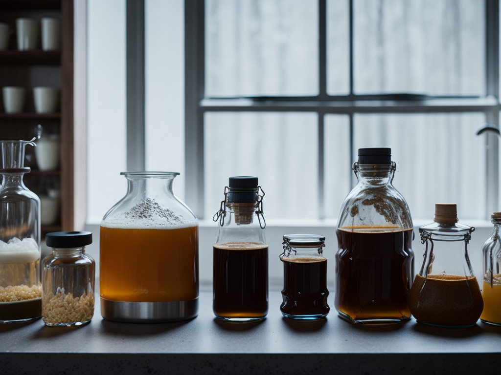 A beginner's journey in brewing, starting with a simple setup on a kitchen countertop, basic glass containers filled with fermenting liquids, a gentle stream of steam rising from the containers, showcasing the transformation from raw ingredients to the initial stages of fermentation, Photography, macro lens, capturing the intricate details of the brewing process