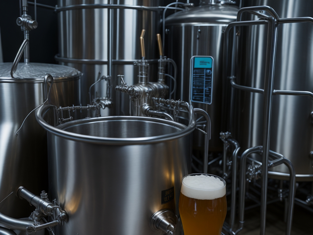  Brewery equipment with recipe notes, showcasing a meticulously arranged brewing setup consisting of gleaming stainless steel kettles, fermenters, and kegs.