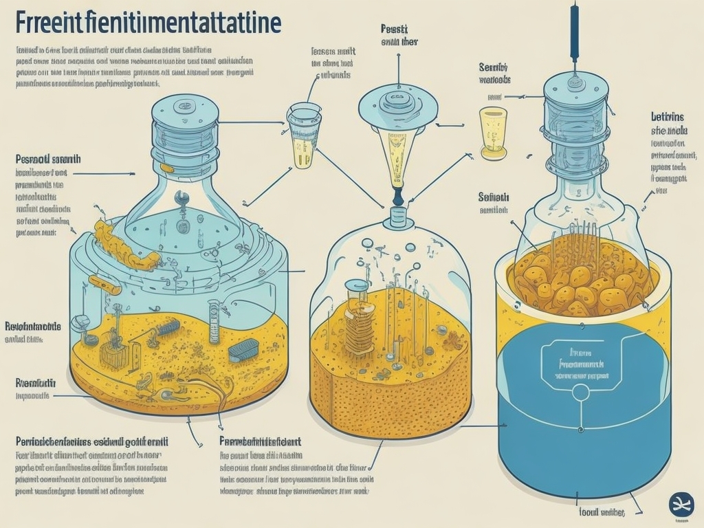 An informative illustration depicting the fermentation process, showcasing a glass fermentation vessel filled with bubbling liquid, yeast cells floating and interacting with the sugars, temperature control device monitoring the heat
