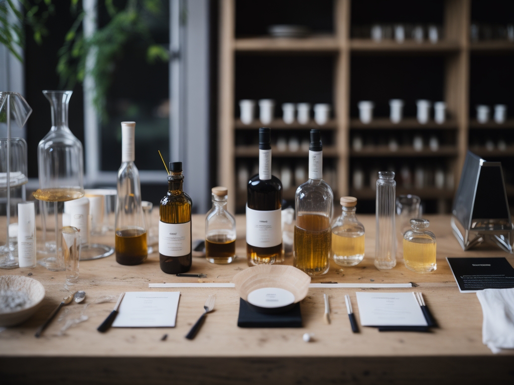 Display an image of a well-arranged tasting session setup with trained individuals or sensory evaluation kits. Show glasses, aroma jars, flavor wheels, and note-taking materials to emphasize the importance of sensory evaluation.